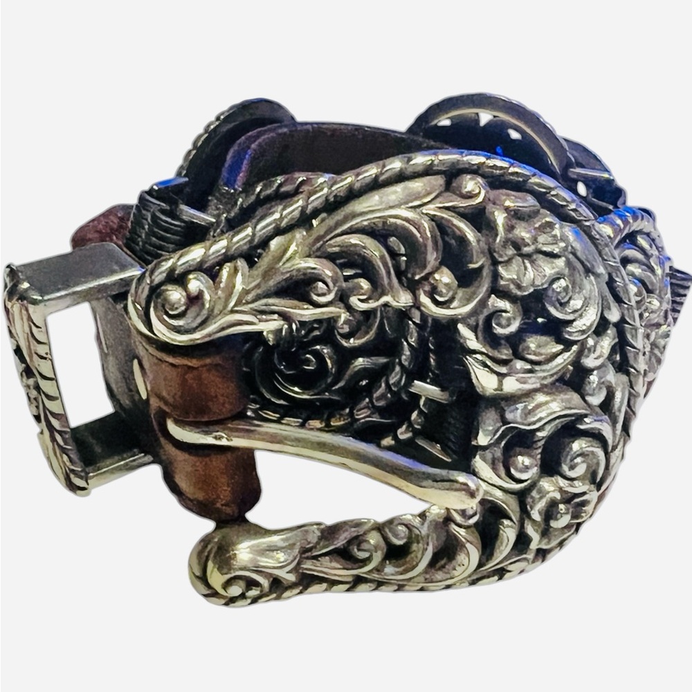 Western Concho Leather Belt Brown Silver Tooled Buckle Boho Cowgirl S